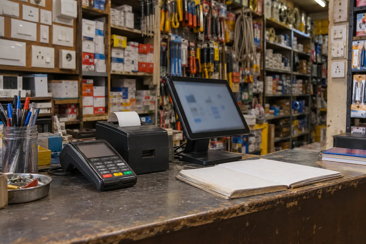 A hardware shop counter with a payment terminal and a tablet