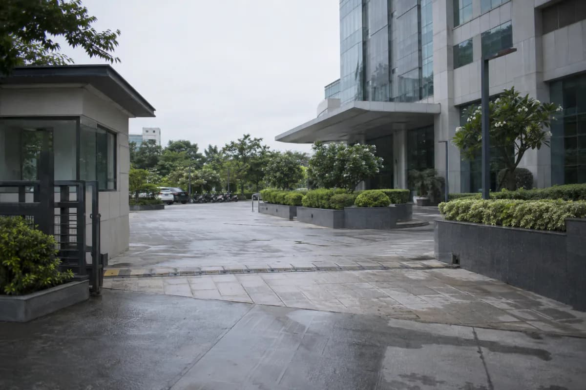The entrance plaza of a corporate office campus