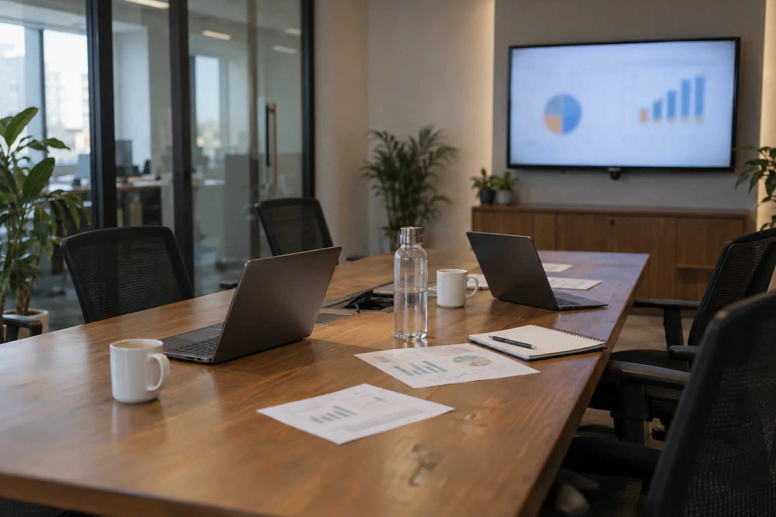 A meeting room after a planning session, with laptops, reports and a dashboard on the wall screen
