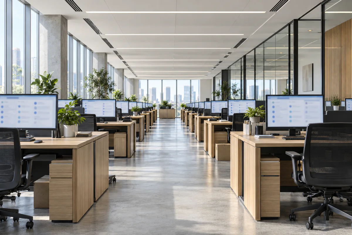 A long, bright open-plan office where every desk runs the same business app